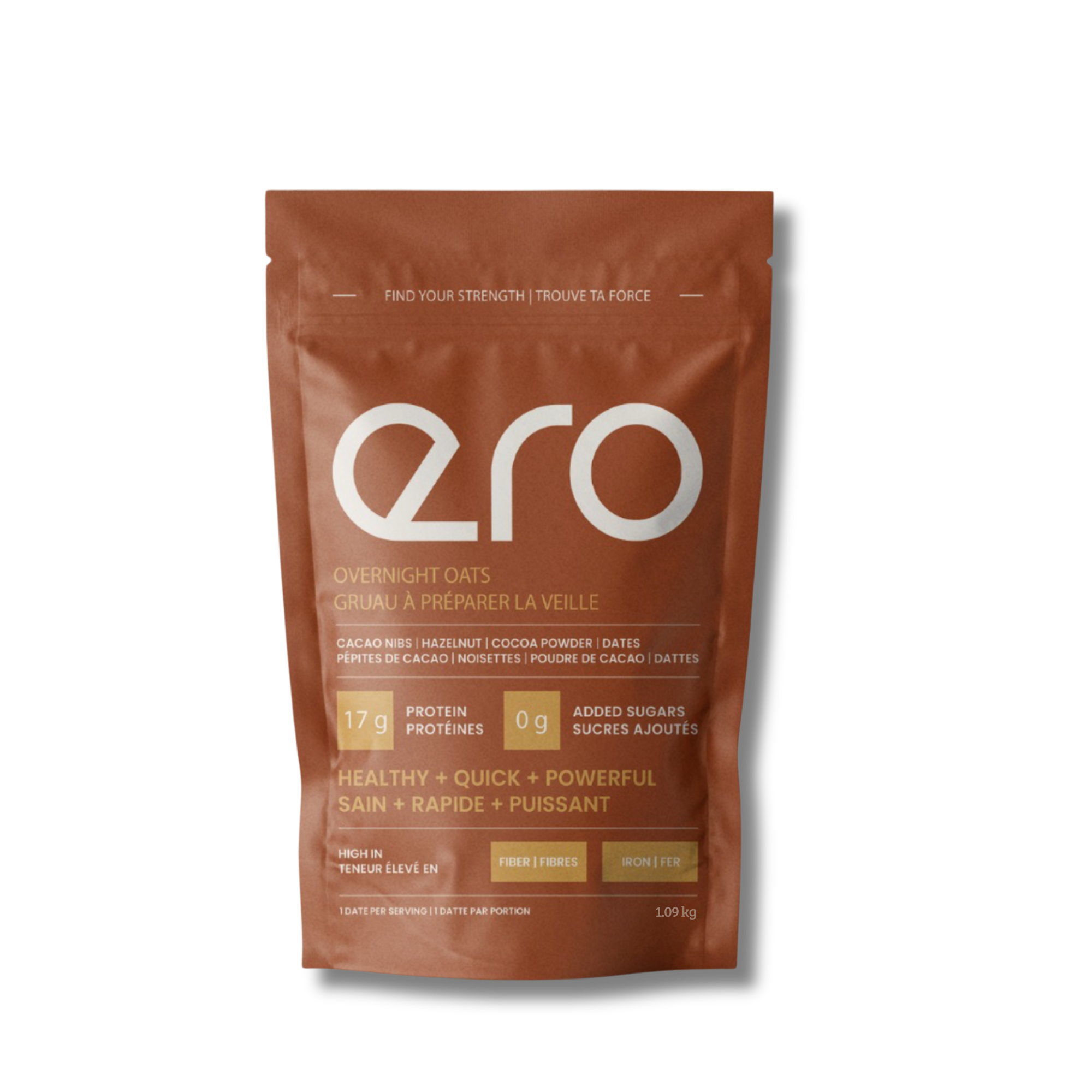 Brown Ero Cacao Nibs, Hazelnut, Cocoa Powder & Dates overnight oats 12-serve package on white background—high-protein, chocolate breakfast blend.