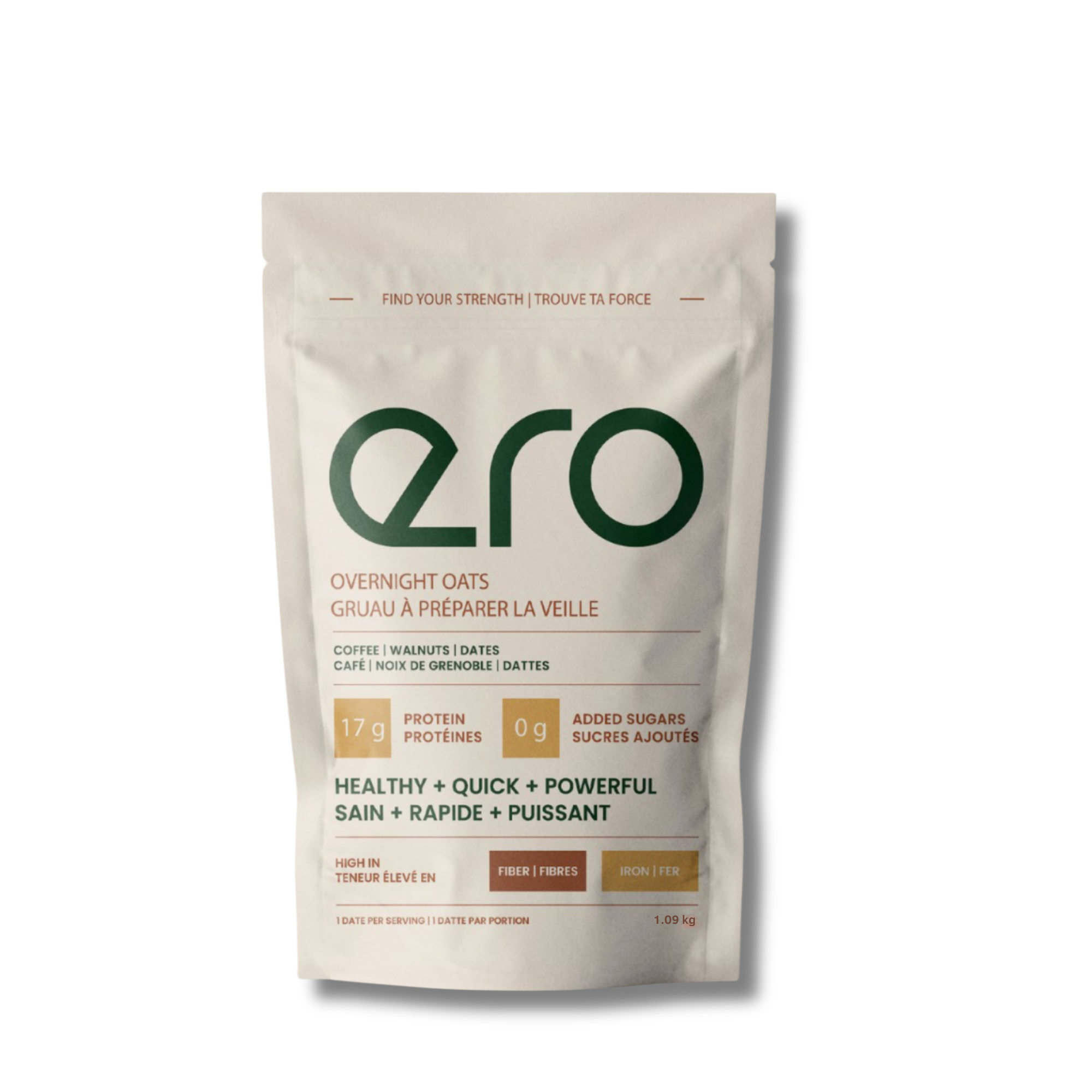 White package of Ero Coffee, Walnuts & Dates overnight oats, 12-serve size—high-protein, energizing breakfast blend with real coffee, crunchy walnuts, and sweet dates.
