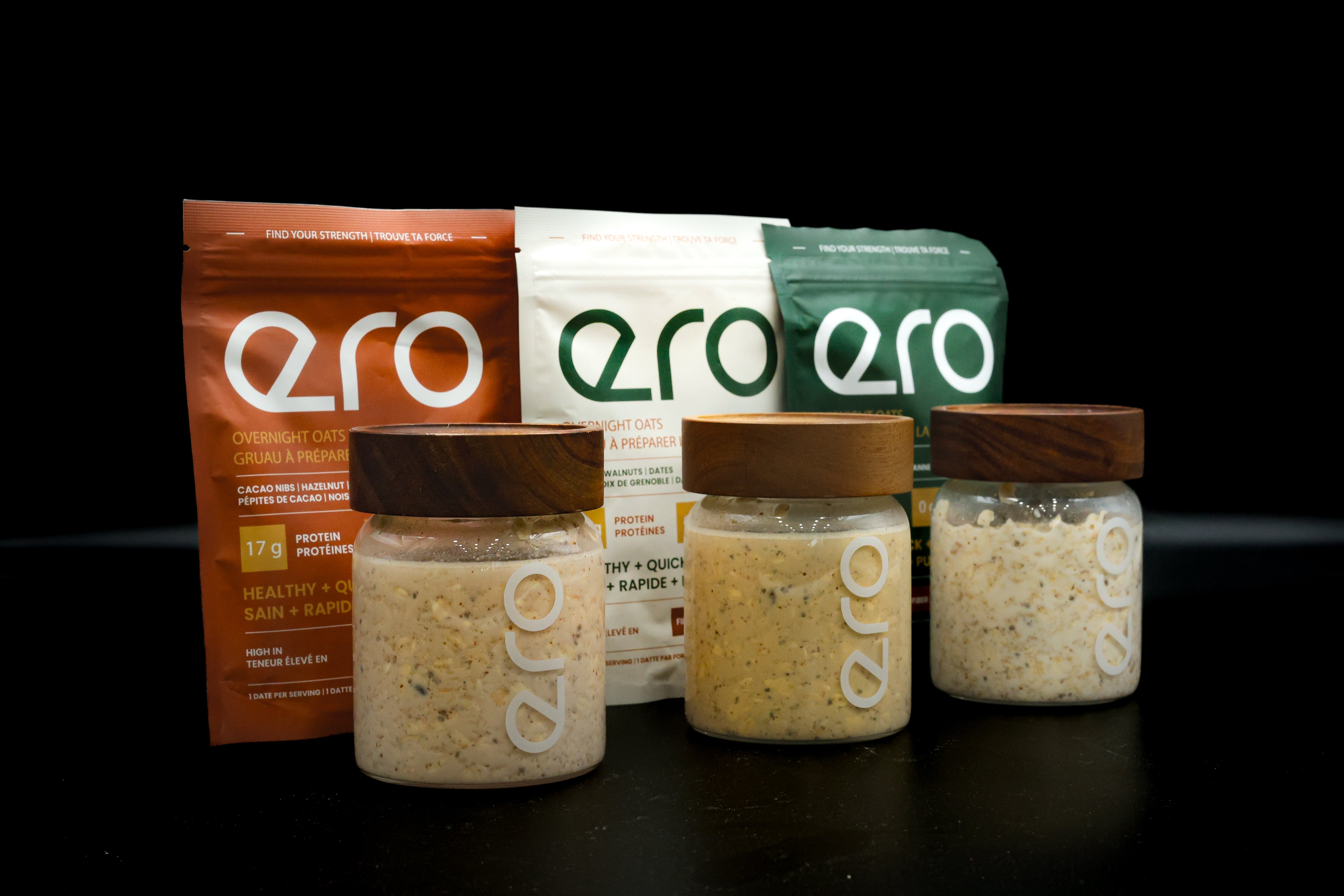 Ero Evergreen supplement products lineup with jars and packaging, showcased on a black background—premium branding, complete product range, and elegant label design.