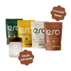 Four ero Strength Oats variety pouches and a free glass jar displayed on a white background, highlighting the bundle offer