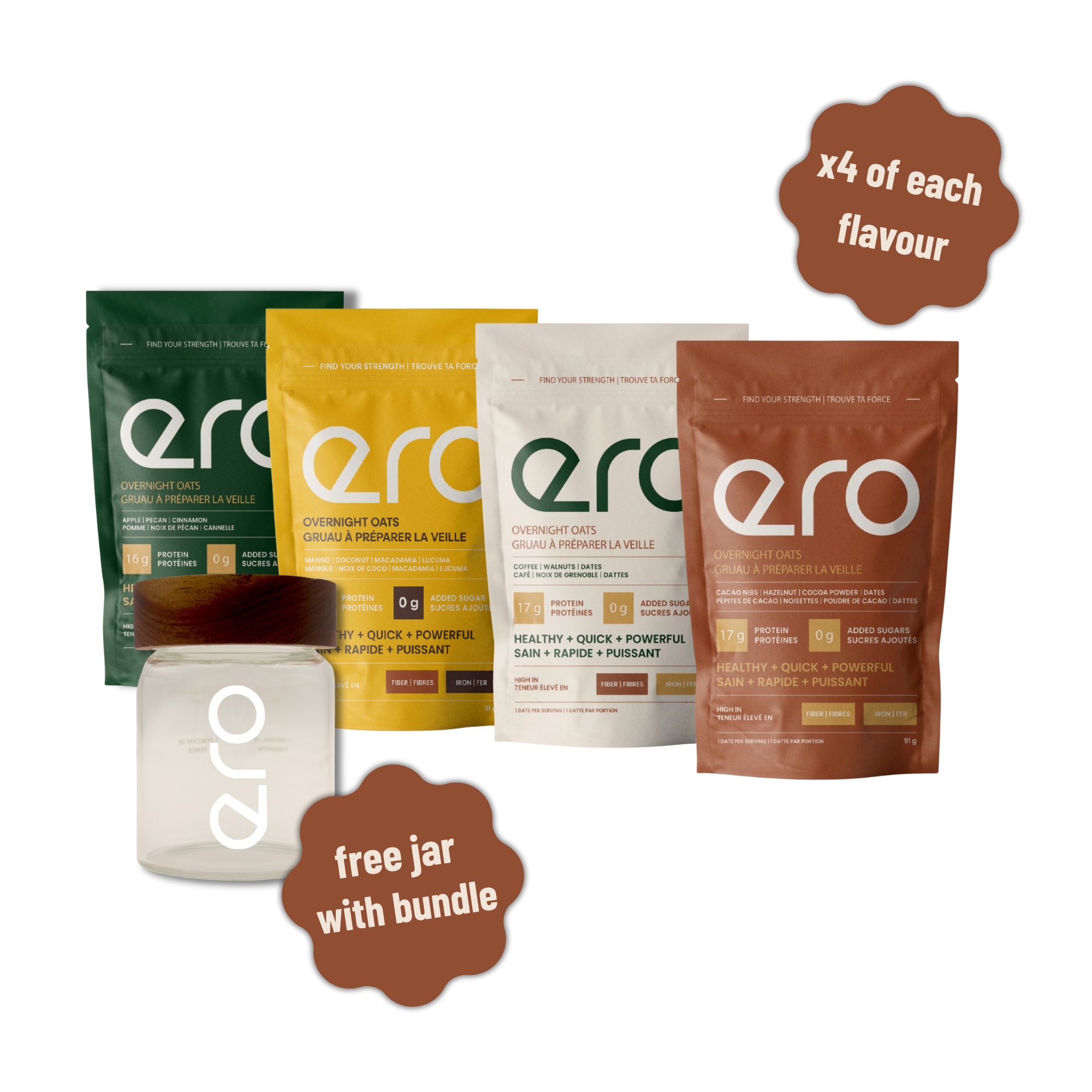 Four ero Strength Oats variety pouches and a free glass jar displayed on a white background, highlighting the bundle offer