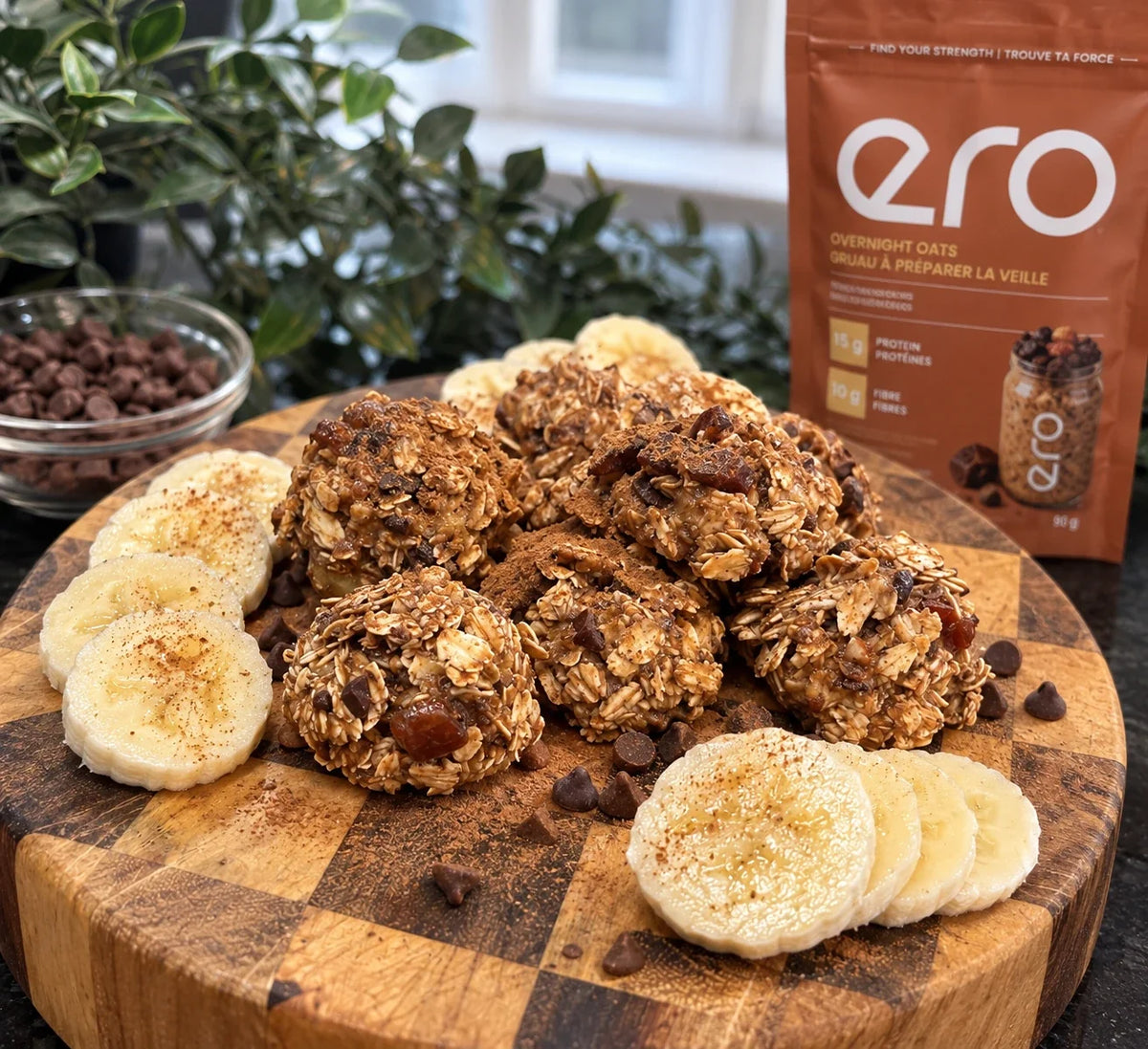 Banana oat energy balls made with ero cacao overnight oats, with sliced banana and chocolate chips