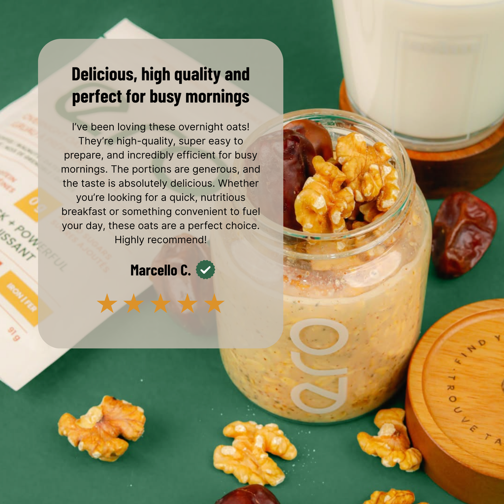 Glass jar of overnight oats topped with walnuts and dates on a green surface, featuring a customer testimonial about Ero Strength Oats.
