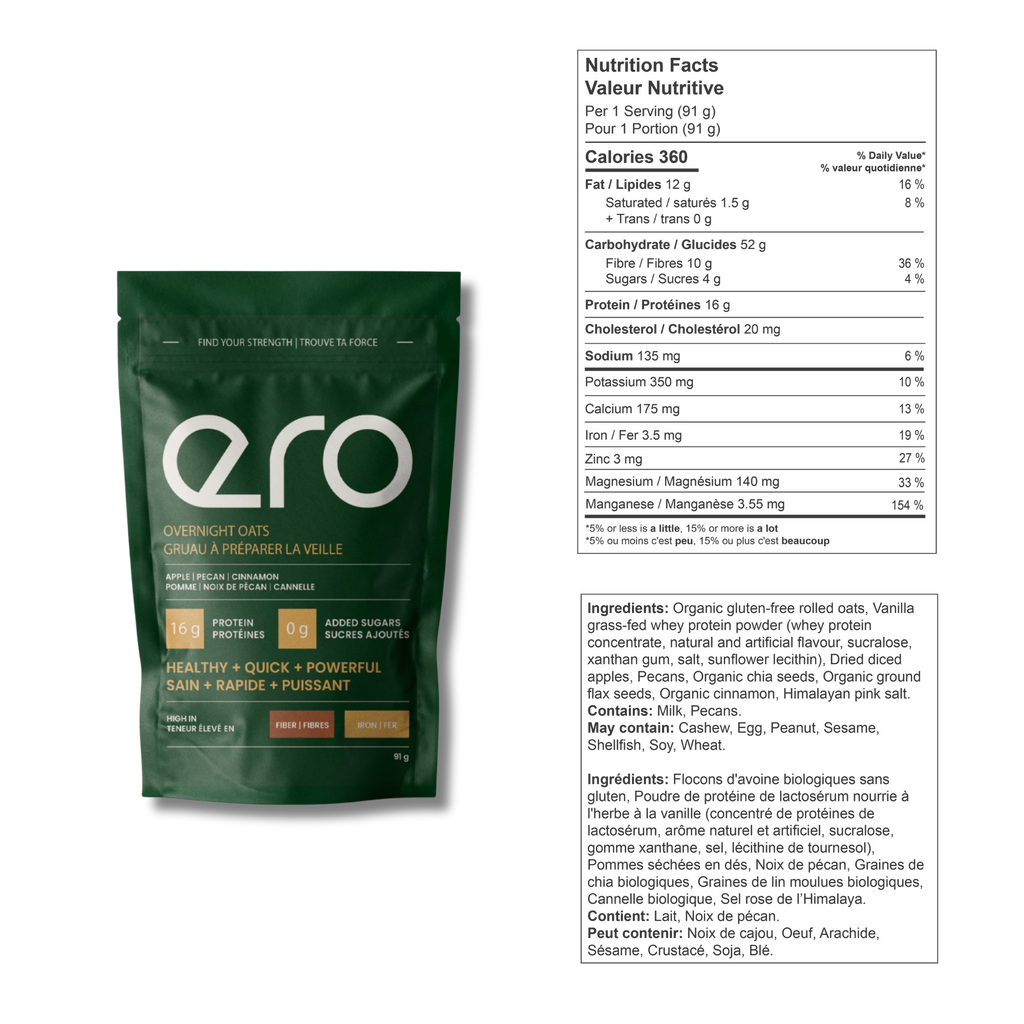 Green Ero Apple Cinnamon Protein Overnight Oats package showing nutrition facts and ingredients on a white background—healthy high-protein breakfast blend.