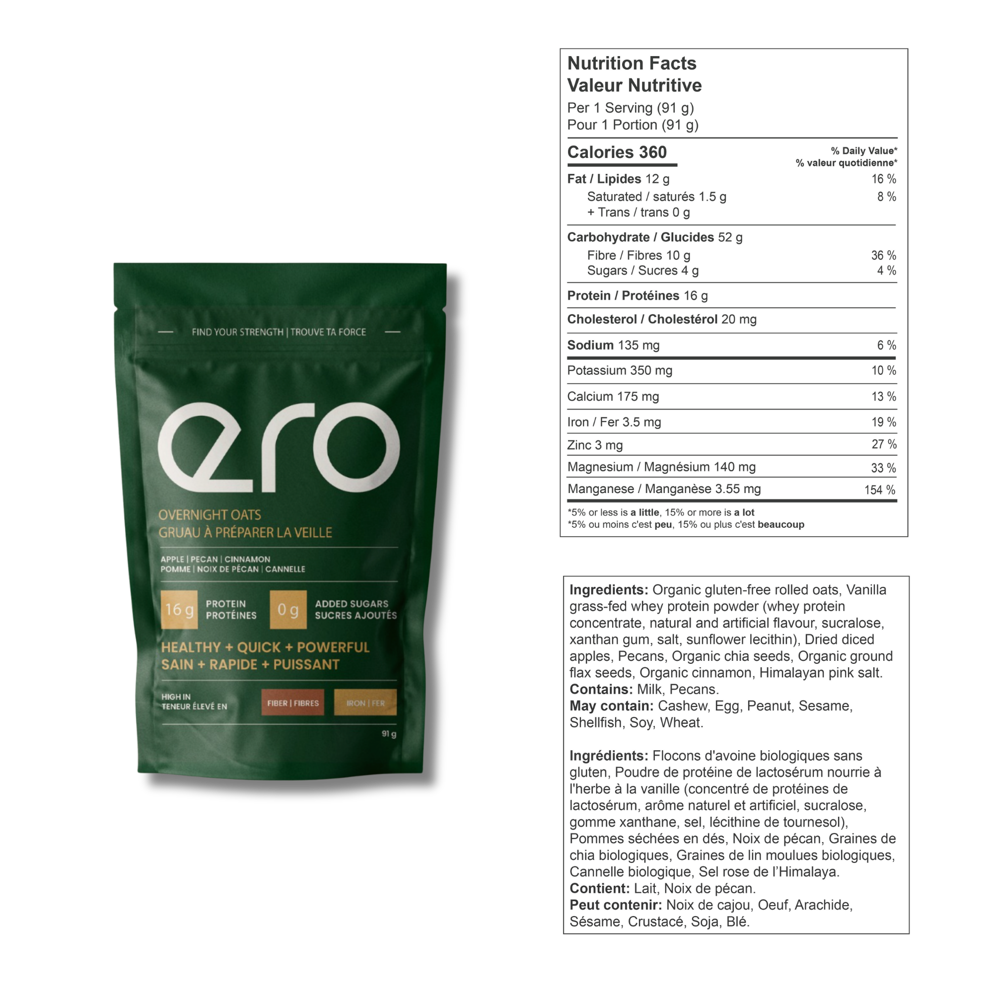 Green Ero Apple Cinnamon Protein Overnight Oats package showing nutrition facts and ingredients on a white background—healthy high-protein breakfast blend.