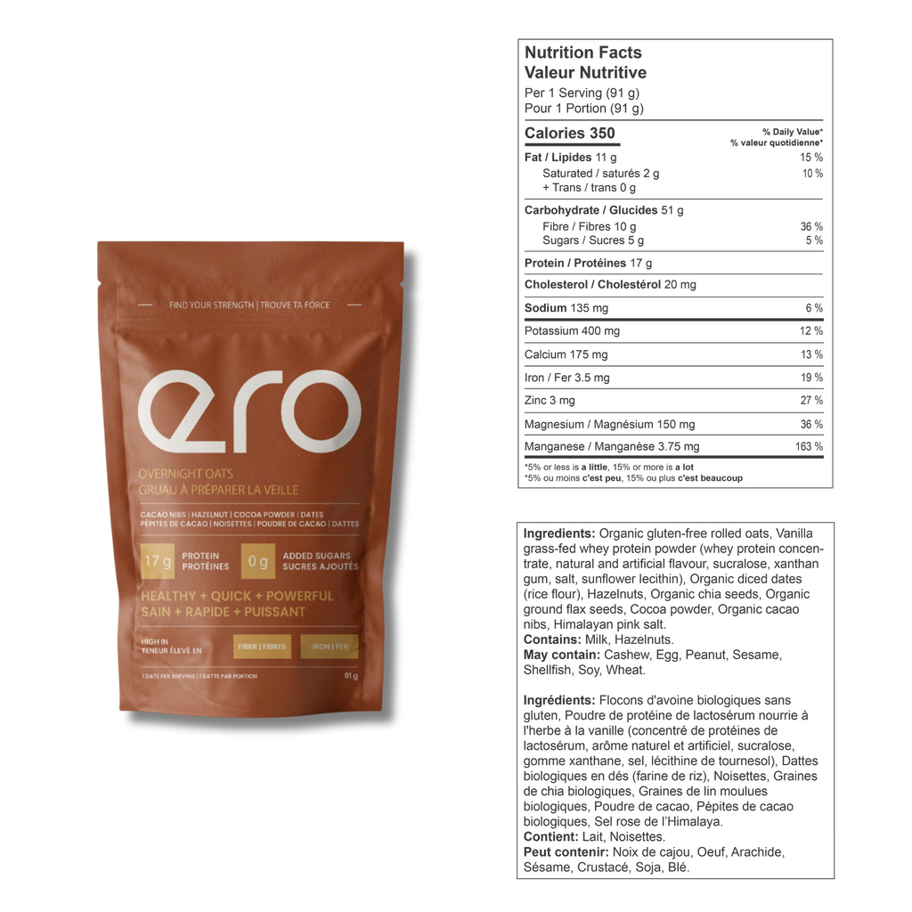 Brown Ero Cacao Protein Overnight Oats package with nutrition facts label on a white background—high-protein, healthy chocolate breakfast blend.