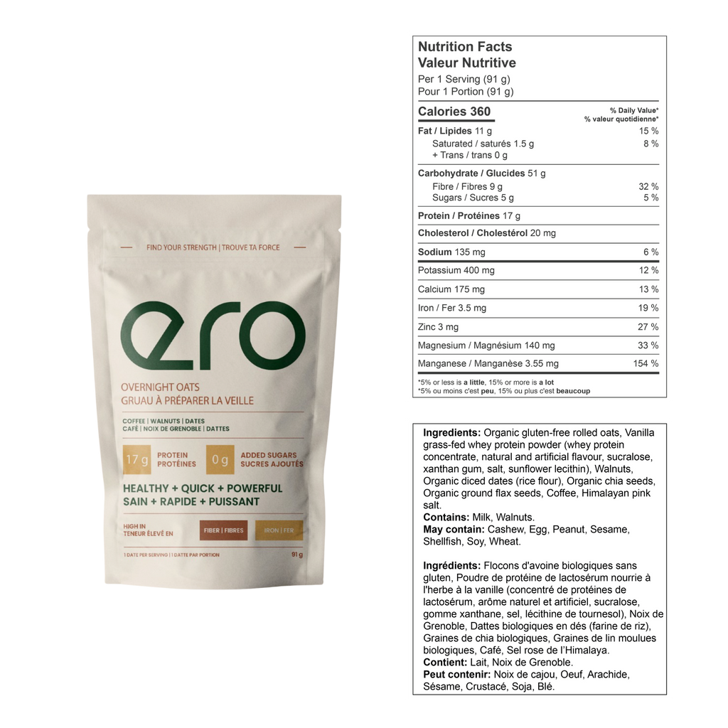 Ero Coffee Protein Overnight Oats package with nutrition facts label on a white background—high-protein, energy-boosting healthy breakfast option.