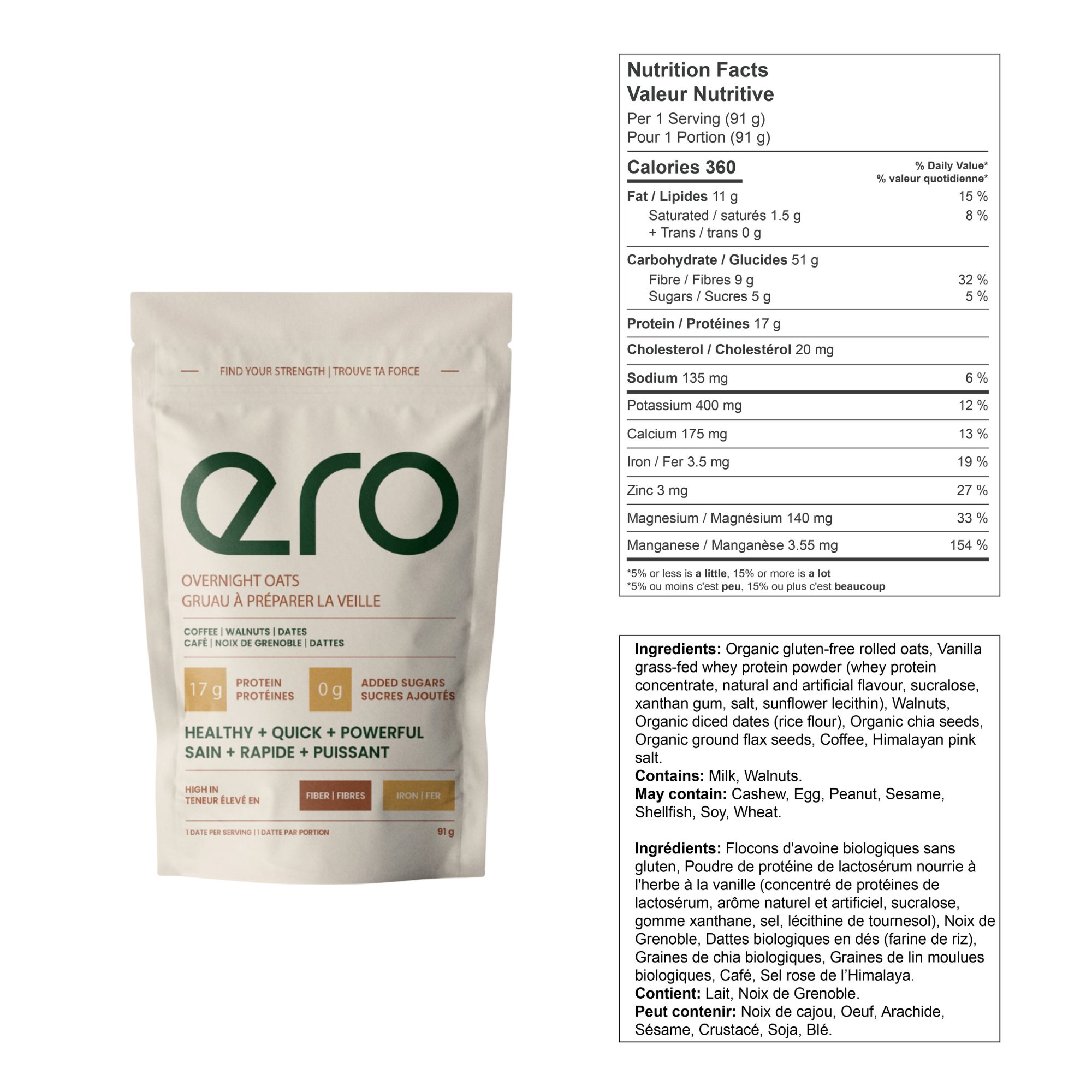 Ero Coffee Protein Overnight Oats package with nutrition facts label on a white background—high-protein, energy-boosting healthy breakfast option.