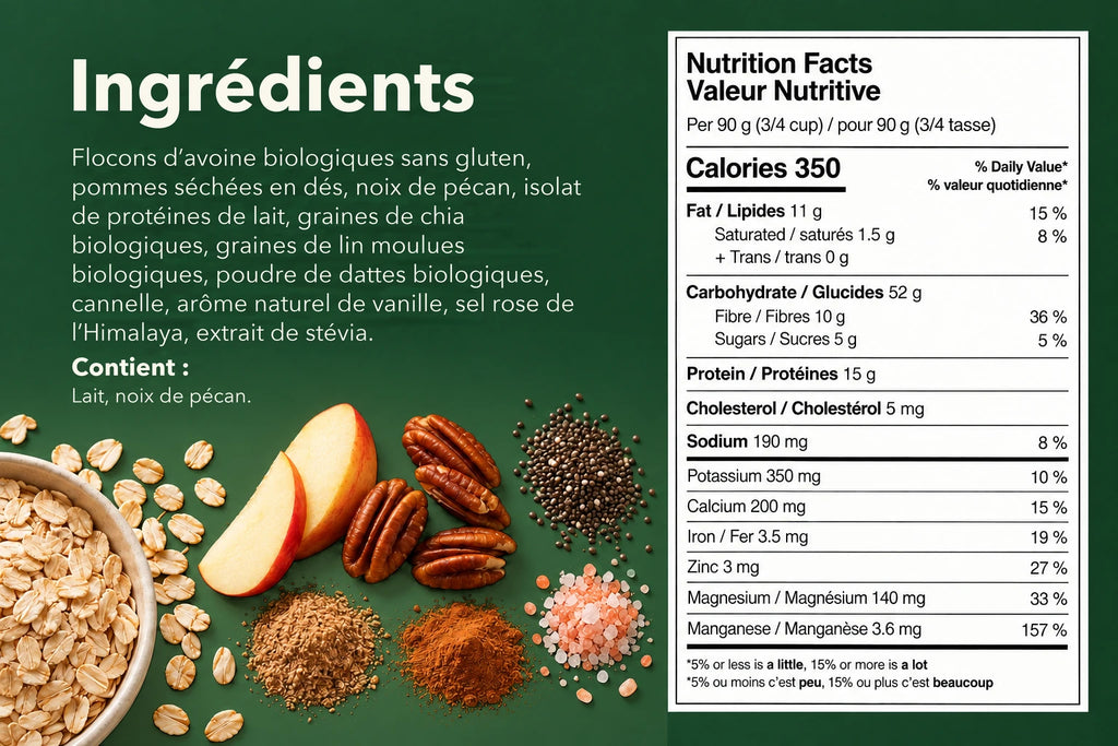 Liste des ingrédients et tableau de la valeur nutritive pour le gruau ero Pomme, Noix de Pécan et Cannelle