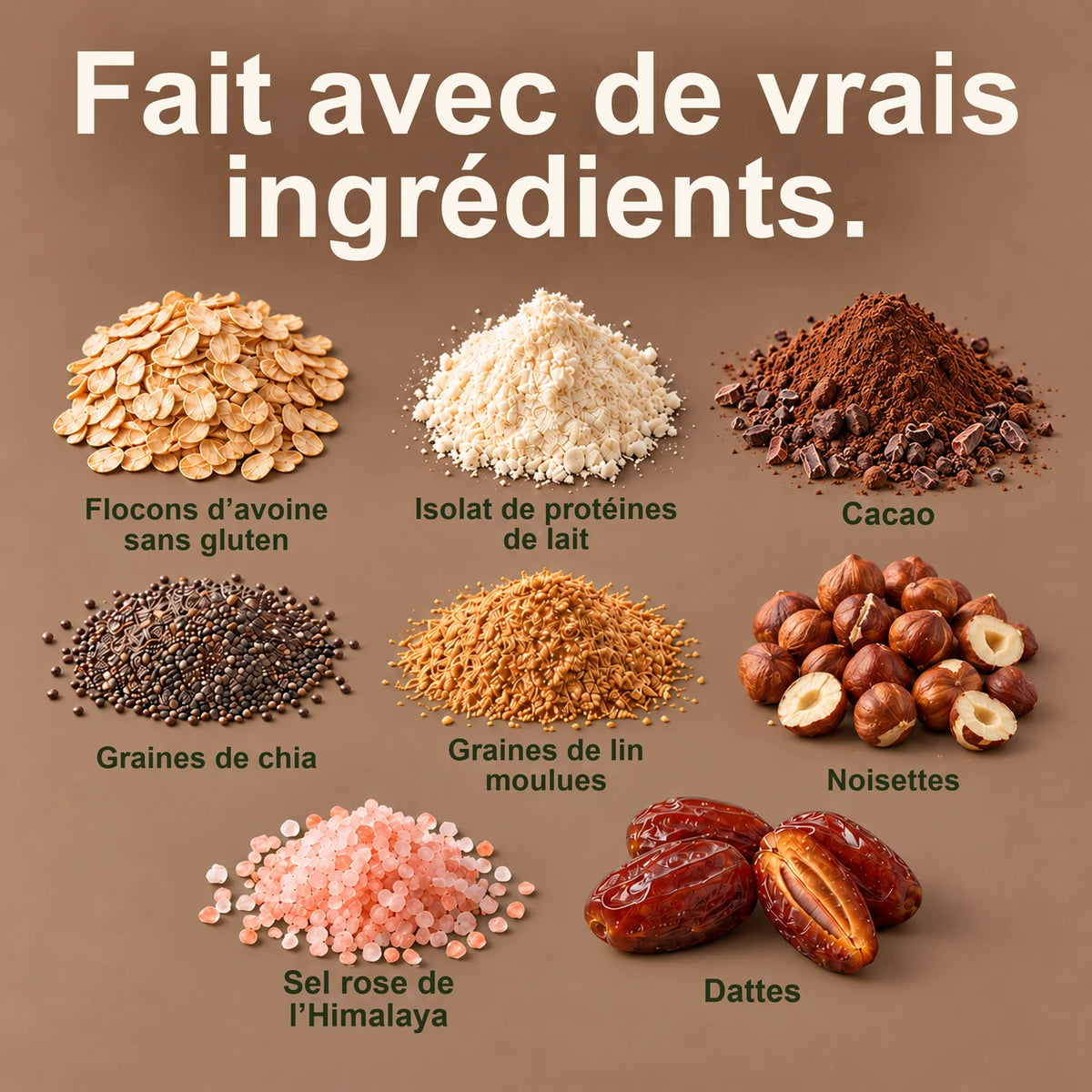 Fait avec de vrais ingrédients : flocons d'avoine sans gluten, isolat de protéines de lait, pépites de cacao, noisettes, graines de chia, graines de lin moulues, poudre de cacao, sel rose de l'Himalaya, dattes