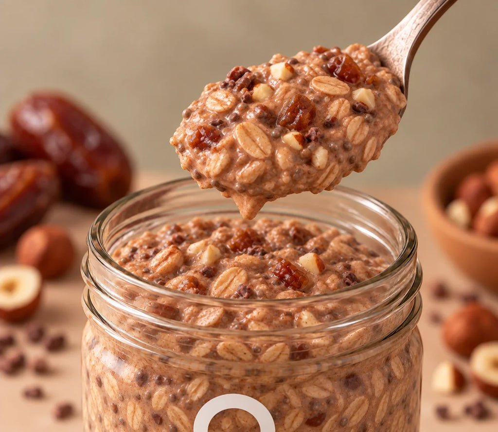 Spoonful of ero Cacao, Hazelnut & Dates overnight oats being lifted from a glass jar—rich, chocolatey, high-protein breakfast.