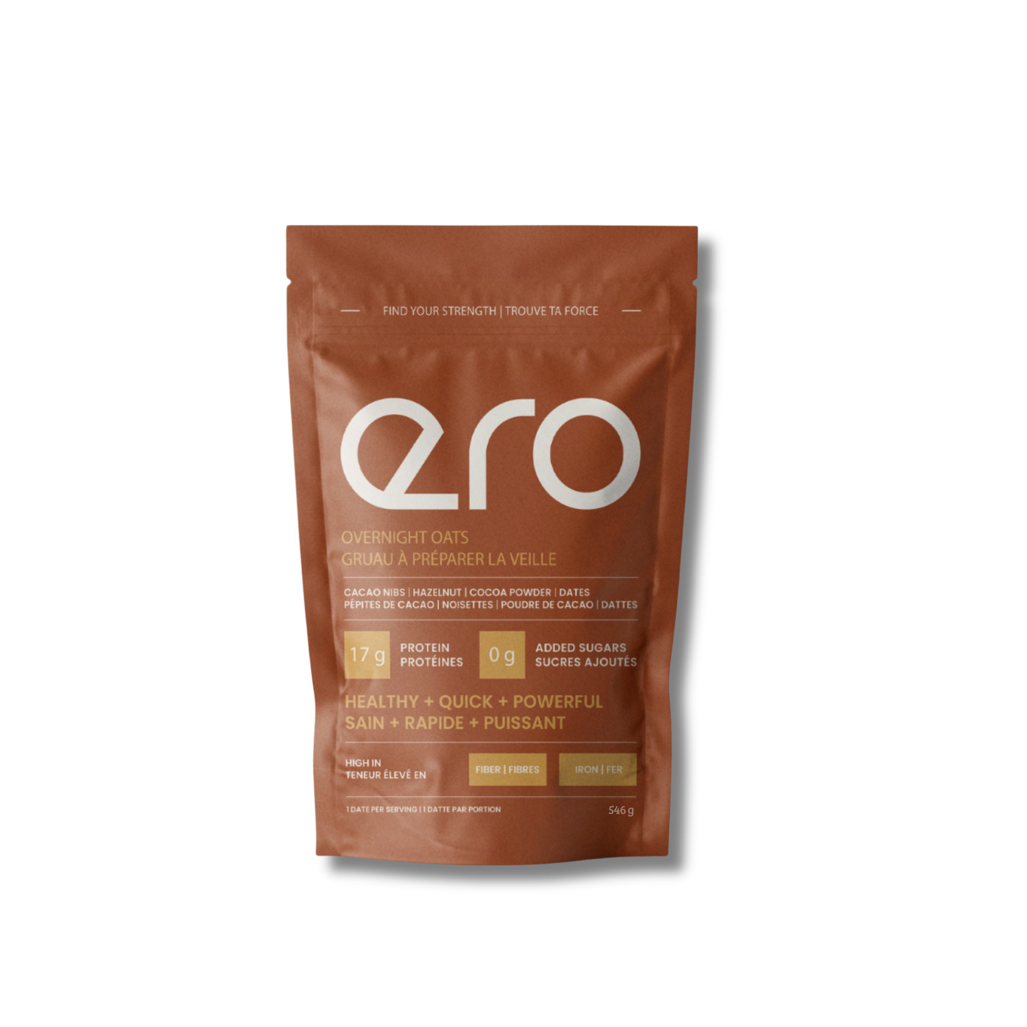 Brown package of Ero Cacao Nibs, Hazelnut, Cocoa Powder & Dates overnight oats 6-serve size on white background—high-protein, healthy chocolate breakfast blend.