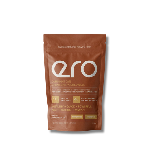 Brown package of Ero Cacao Nibs, Hazelnut, Cocoa Powder & Dates overnight oats 6-serve size on white background—high-protein, healthy chocolate breakfast blend.