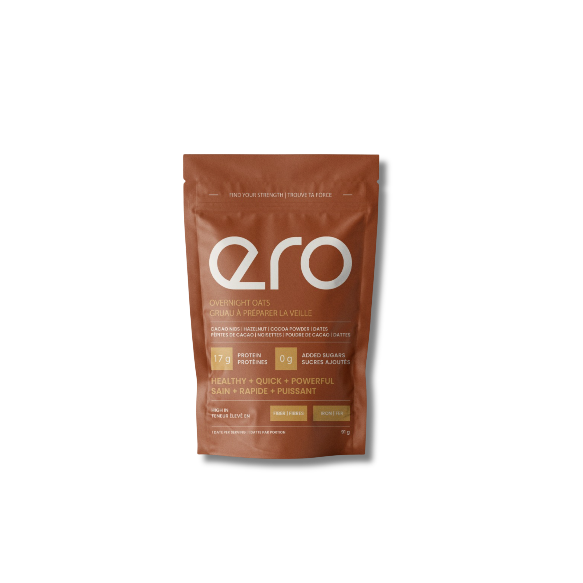 Small brown package of Ero Cacao Nibs, Hazelnut, Cocoa Powder & Dates overnight oats, single-serve high-protein chocolate breakfast, on white background.