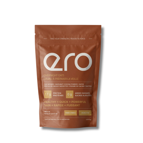 Brown Ero Cacao Nibs, Hazelnut, Cocoa Powder & Dates overnight oats 12-serve package on white background—high-protein, chocolate breakfast blend.