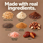 Made with real ingredients: gluten-free oats, milk protein isolate, cacao nibs, roasted hazelnuts, chia seeds, ground flaxseeds, cocoa powder, Himalayan pink salt, dates