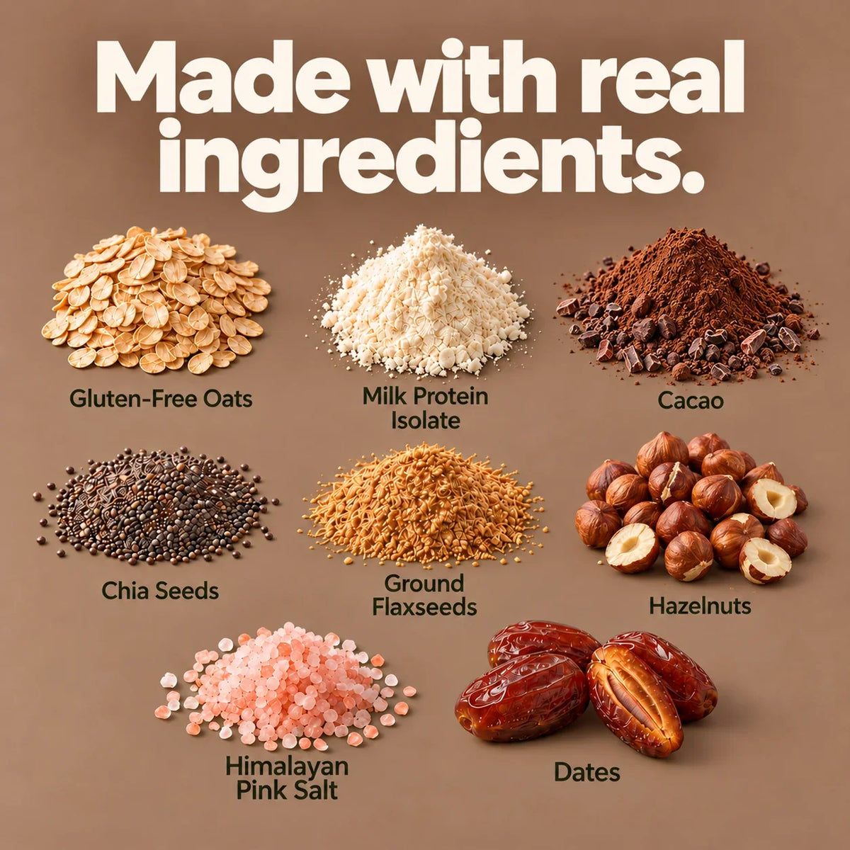 Made with real ingredients: gluten-free oats, milk protein isolate, cacao nibs, roasted hazelnuts, chia seeds, ground flaxseeds, cocoa powder, Himalayan pink salt, dates