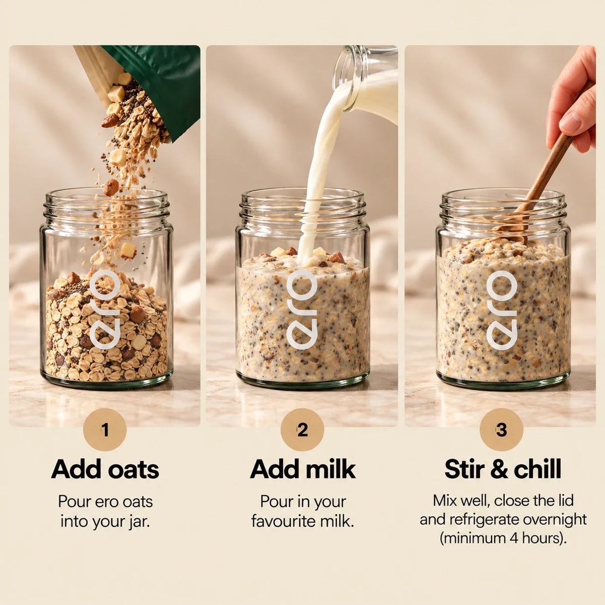 3 easy steps: add oats, add milk, stir and refrigerate