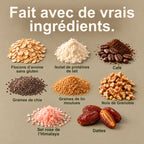Fait avec de vrais ingrédients : flocons d'avoine sans gluten, isolat de protéines de lait, café, noix de Grenoble, graines de chia, graines de lin moulues, sel rose de l'Himalaya, dattes