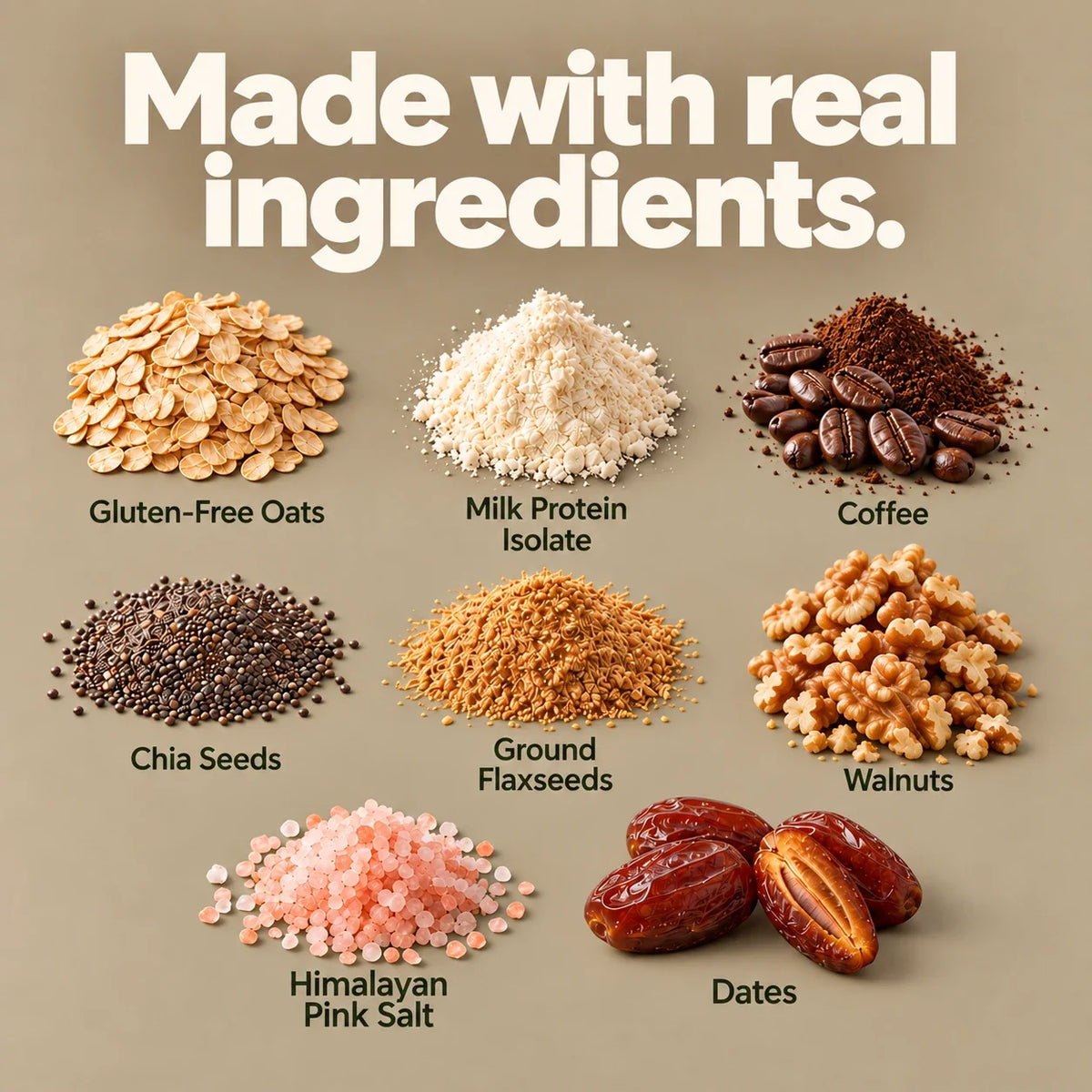 Made with real ingredients: gluten-free oats, milk protein isolate, coffee, walnuts, chia seeds, ground flaxseeds, Himalayan pink salt, dates