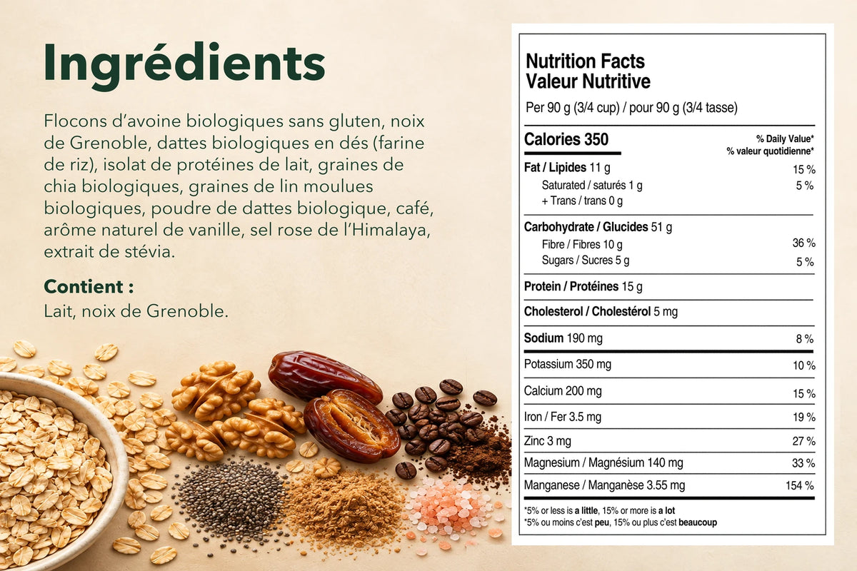 Liste des ingrédients et tableau de la valeur nutritive pour le gruau ero Café, Noix de Grenoble et Dattes