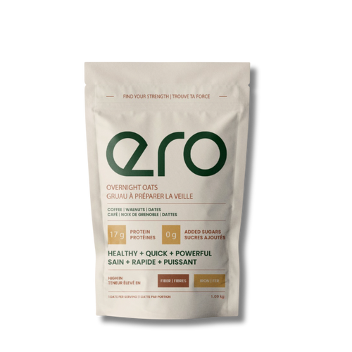 White package of Ero Coffee, Walnuts & Dates overnight oats, 12-serve size—high-protein, energizing breakfast blend with real coffee, crunchy walnuts, and sweet dates.