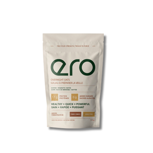 White 6-serve package of Ero Coffee, Walnuts & Dates overnight oats—high-protein, energizing breakfast blend with real coffee, walnuts, and sweet dates on white background.