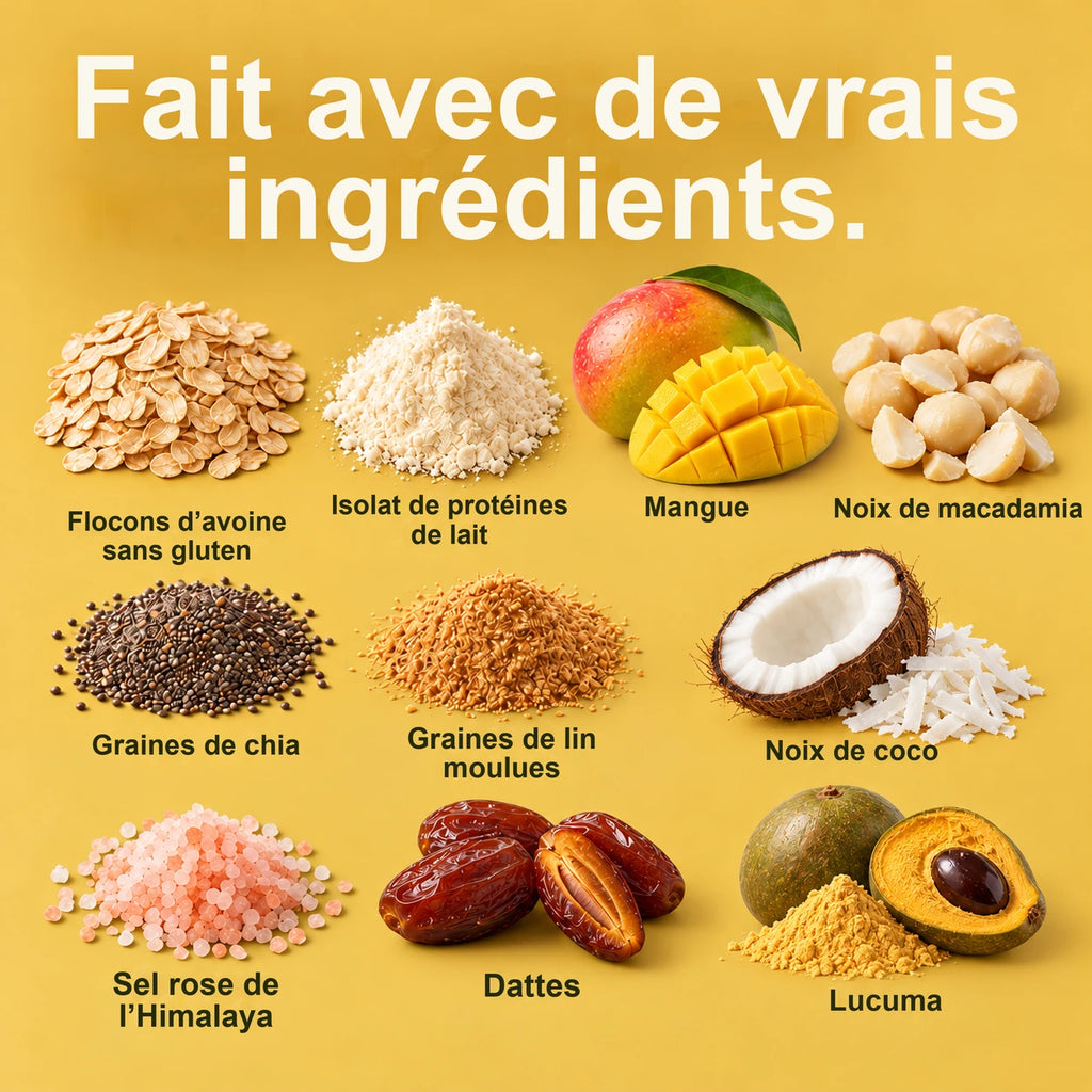 Fait avec de vrais ingrédients : flocons d'avoine sans gluten, isolat de protéines de lait, mangue, noix de macadamia, noix de coco, graines de chia, graines de lin moulues, poudre de lucuma, dattes