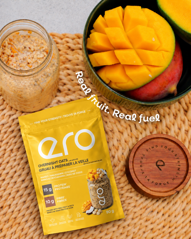 ero Mango, Macadamia & Coconut overnight oats pouch beside a jar of prepared oats and fresh cut mango