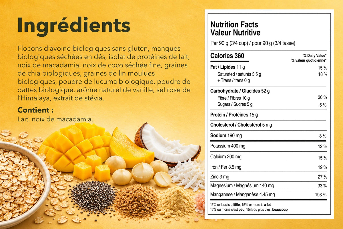 Liste des ingrédients et tableau de la valeur nutritive pour le gruau ero Mangue, Macadamia et Noix de Coco