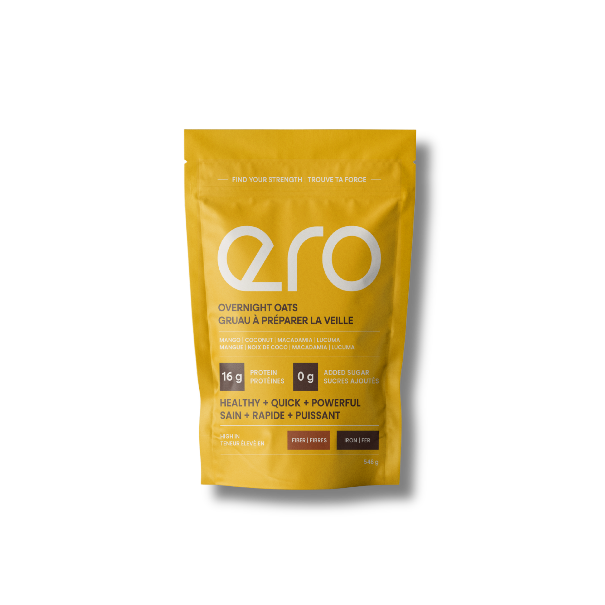 Yellow package of Ero Mango, Macadamia, Coconut & Lucuma overnight oats, tropical high-protein superfood breakfast, on a clean white background.