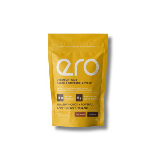 Yellow package of Ero Mango, Macadamia, Coconut & Lucuma overnight oats, tropical high-protein superfood breakfast, on a clean white background.