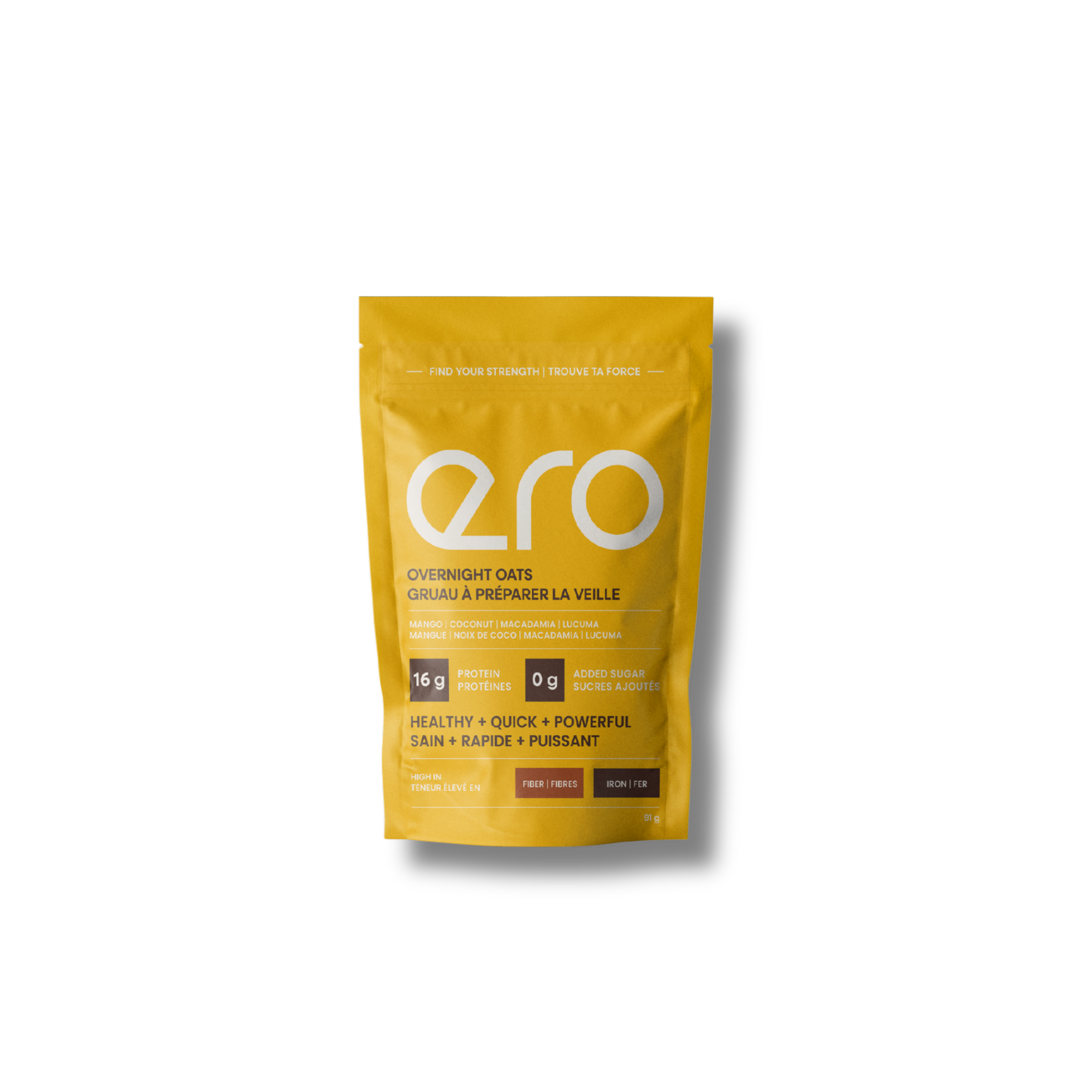 Small yellow package of Ero Mango, Macadamia, Coconut & Lucuma overnight oats, high-protein tropical superfood breakfast on white background—single serve.