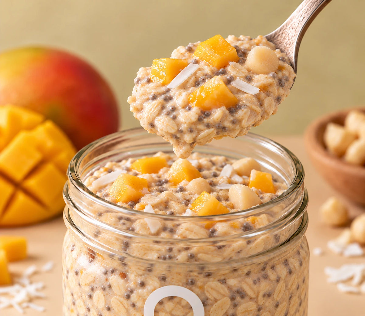 Cuillérée de gruau à préparer la veille ero Mangue, Macadamia et Noix de Coco soulevée d'un pot en verre
