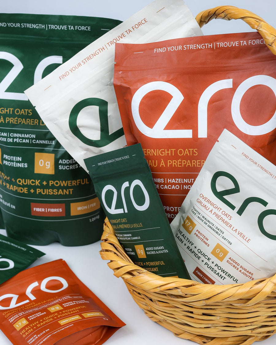 Basket of assorted ero Overnight Oats flavour pouches for the subscription program