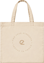 Back of the ero tote bag with the laser-engraved Find Your Strength, Trouve ta force stamp