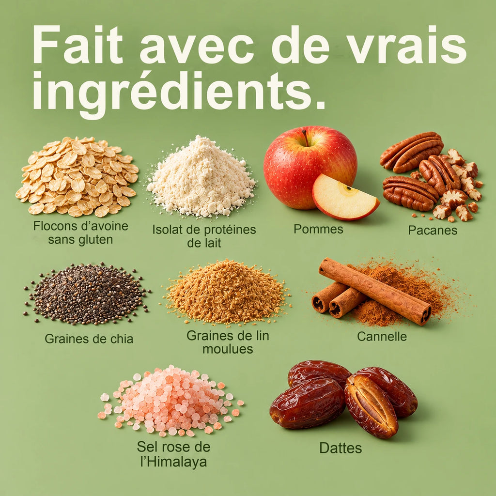Fait avec de vrais ingrédients : flocons d'avoine sans gluten, isolat de protéines de lait, pommes, pacanes, graines de chia, graines de lin moulues, cannelle, sel rose de l'Himalaya, dattes
