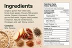 Ingredients list and Nutrition Facts panel for ero Apple, Pecan & Cinnamon overnight oats