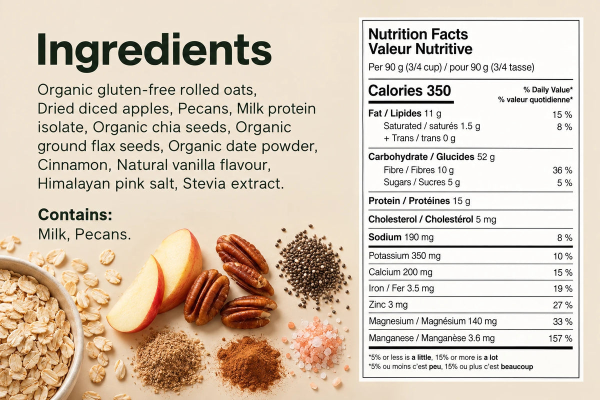 Ingredients list and Nutrition Facts panel for ero Apple, Pecan & Cinnamon overnight oats