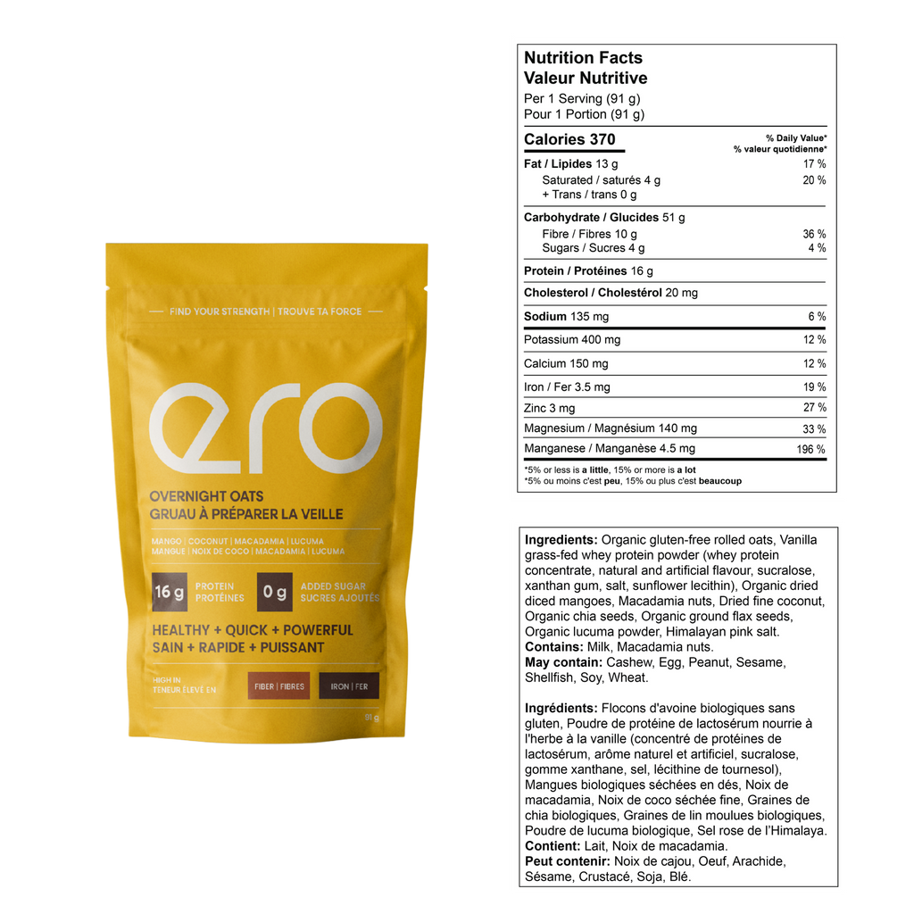 Yellow Ero Mango Overnight Oats package displaying nutrition facts on a white background—healthy high-protein breakfast blend.