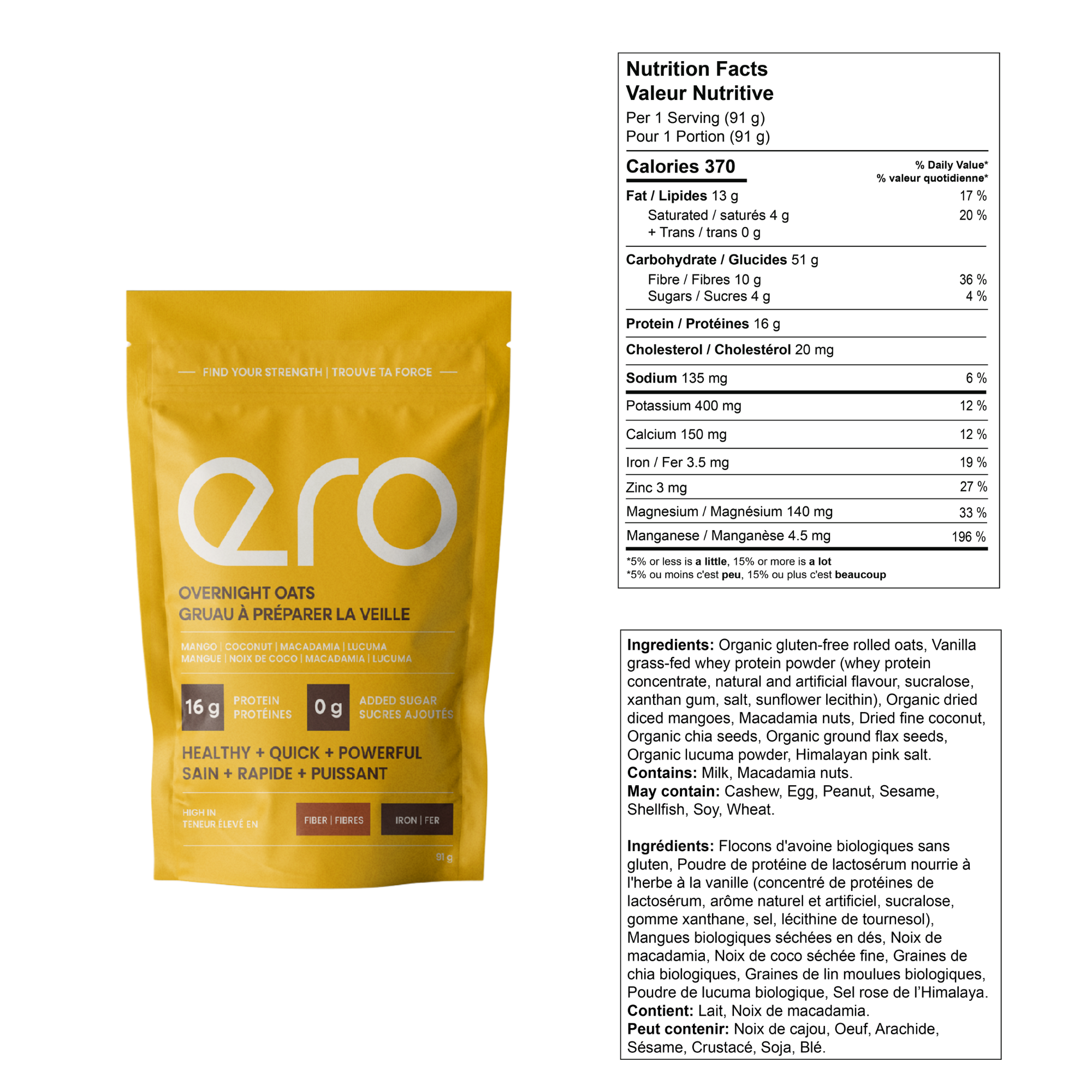 Yellow Ero Mango Overnight Oats package displaying nutrition facts on a white background—healthy high-protein breakfast blend.
